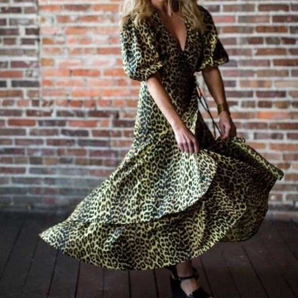GANNI Cheetah Printed Wrap Dress Size 36R or US Size 4 - Picture 1 of 15